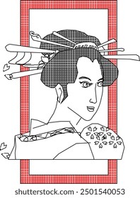 Vector boceto ilustración silueta detalle de diseño decoración interior arte pintura de mujer japonesa con peinado tradicional en un marco de caja