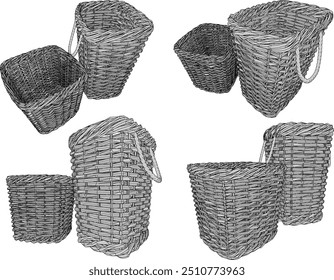 Vector sketch illustration silhouette design image of traditional ethnic old clothes basket furniture made of woven bamboo
