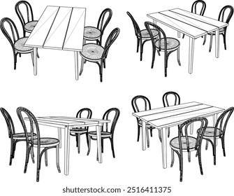 Vector sketch illustration silhouette design image of furniture chair and table wooden dining room modern minimalist