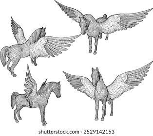 Vector sketch illustration silhouette design of mythical mythical animal unicorn with wide wings