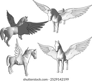 Vector sketch illustration silhouette design of mythical mythical animal unicorn with wide wings