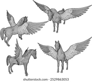 Vector sketch illustration silhouette design of mythical mythical animal unicorn with wide wings