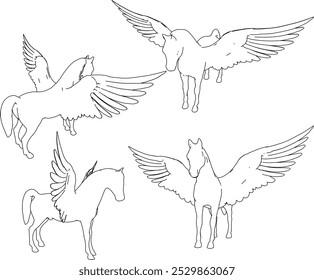 Vector sketch illustration silhouette design of mythical mythical animal unicorn with wide wings