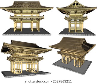 Diseño de la silueta de la ilustración del bosquejo del Vector del edificio sagrado chino tradicional japonés clásico de la vendimia