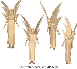 Vector sketch illustration silhouette design of classic vintage ethnic statue of winged angel sadly looking at the world