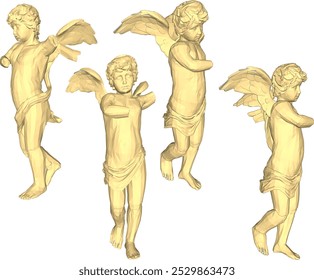 Diseño de la silueta de la ilustración del bosquejo del Vector de la estatua étnica de la vendimia clásica del pequeño ángel con las alas