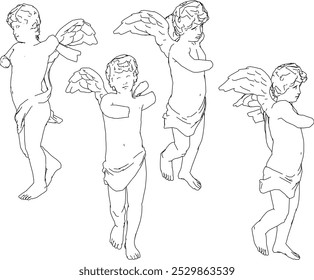 Vector sketch illustration silhouette design of classic vintage ethnic statue of little angel with wings 