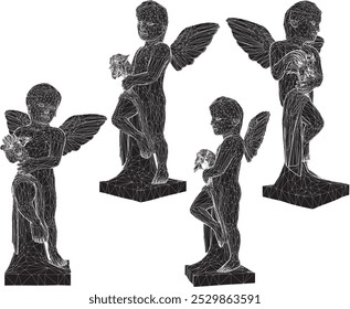Vetor esboço ilustração silhueta design de clássico vintage estátua étnica de pequeno anjo com asas