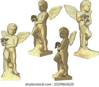 Diseño de la silueta de la ilustración del bosquejo del Vector de la estatua étnica de la vendimia clásica del pequeño ángel con las alas