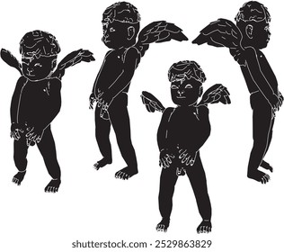 Vector sketch illustration silhouette design of classic vintage ethnic statue of little angel with wings