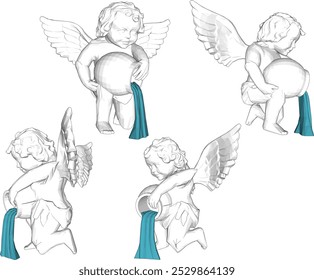 Vector sketch illustration silhouette design of classic vintage ethnic statue of little angel child with wings pouring water