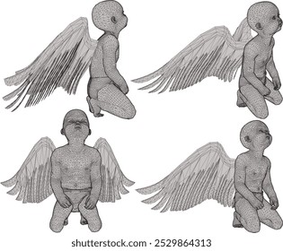 Vector sketch illustration silhouette design of classic vintage ethnic statue of little angel child with wings lamenting fate