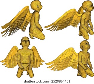 Vector sketch illustration silhouette design of classic vintage ethnic statue of little angel child with wings lamenting fate