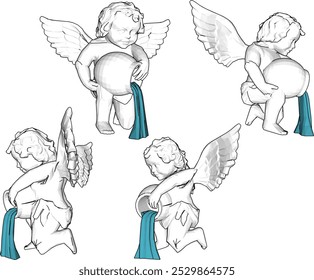 Vector sketch illustration silhouette design of classic vintage ethnic statue of little angel child with wings pouring water