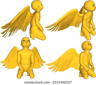 Vector sketch illustration silhouette design of classic vintage ethnic statue of little angel child with wings lamenting fate