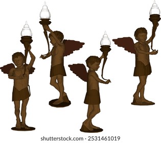 Diseño de la silueta de la ilustración del bosquejo del Vector de la estatua étnica de la vendimia clásica del niño del pequeño ángel con las alas que llevan la lámpara de la vida