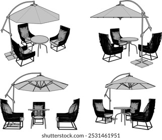 Vector sketch illustration silhouette design image of garden table chair with umbrella roof for family discussion
