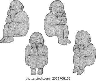 Vector sketch illustration silhouette design image of a fat little boy sitting daydreaming