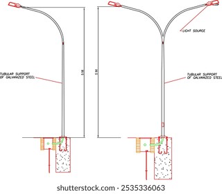 Vector boceto ilustración silueta diseño dibujo técnico detalle lámpara base para alumbrado público