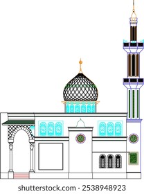 Vector sketch illustration silhouette design architectural drawing of modern mosque exterior with minaret