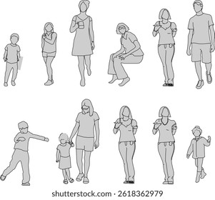 vector sketch illustration silhouette design image ornament decoration human with various activities in a relaxing pose 