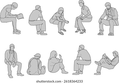 vector sketch illustration silhouette design image of students and workers in sitting position