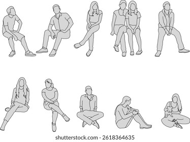 vector sketch illustration silhouette design image of students and workers in sitting position
