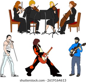 vector sketch illustration silhouette design image of artist singer with various activities during concert 