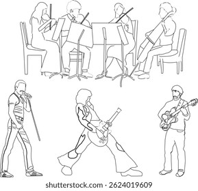 ilustração de esboço de vetor silhueta de design imagem do artista cantor com várias atividades durante o concerto