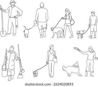 vetor esboço ilustração silhueta projeto imagem de uma pessoa carregando um cão de estimação para uma caminhada