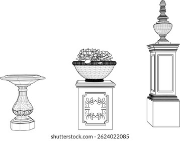 vector sketch illustration silhouette design of flower pot with fountain for garden decoration