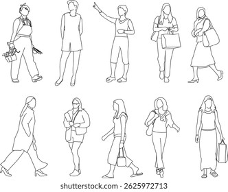 vector sketch illustration silhouette design image of woman with various activities in a relaxing pose with casual fashion