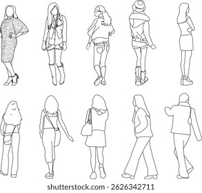 vector sketch illustration silhouette design image of woman with various activities in a relaxing pose with casual fashion
