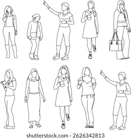 vector sketch illustration silhouette design image of woman with various activities in a relaxing pose with casual fashion