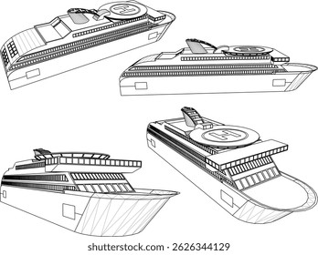 Vektorskizze Illustration Silhouette Design von Kreuzfahrtschiff mit Helipad für Weltreise