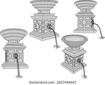 vector sketch illustration silhouette design of flower pot with fountain for garden decoration
