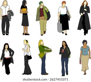 vector sketch illustration silhouette design image of woman with various activities in a relaxing pose with casual fashion