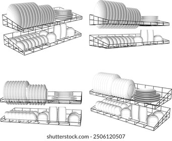 Vector sketch illustration of the silhouette of a dish rack design in a modern minimalist kitchen set