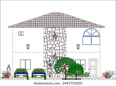Vector sketch illustration, silhouette drawing, detailed design, construction drawing, classic vintage ethnic traditional house