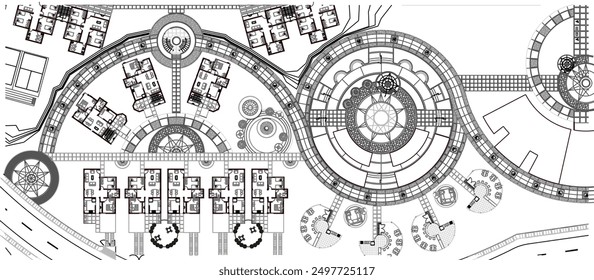 Ilustración del bosquejo del Vector de un dibujo de la silueta de un diseño del Plan del paisaje del parque de la ciudad con un montón de plantas