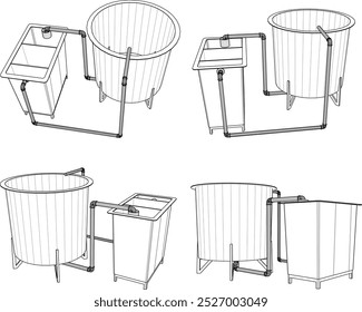 Vector boceto ilustración silueta de sistemas experimentales para acuicultura con sistema de tuberías