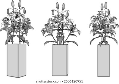 Vector sketch illustration of a silhouette of a flower pot design with beautiful leaves for home interior decoratio