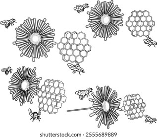 Vector sketch illustration of a silhouette of a honeycomb design of a wasp house with flowers as food