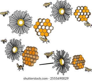 Vector sketch illustration of a silhouette of a honeycomb design of a wasp house with flowers as food