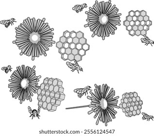 Vector sketch illustration of a silhouette of a honeycomb design of a wasp house with flowers as food