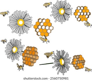 Vector sketch illustration of a silhouette of a honeycomb design of a wasp house with flowers as food