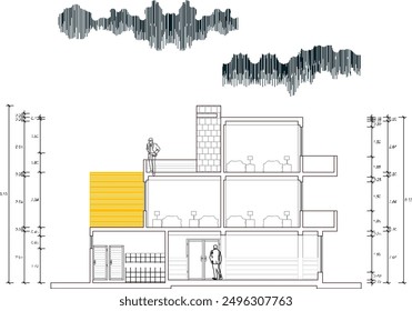 Vector sketch, illustration, silhouette image, detailed design, architectural construction drawing of a two-story modern house