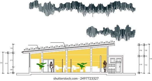 Vector sketch, illustration, silhouette image, detailed design, architectural construction drawing of a two-story modern house