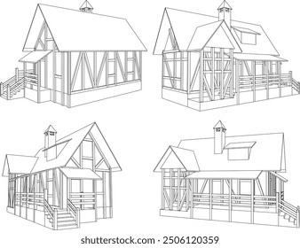 Vektorgrafik der Silhouette eines Holzhauses Villa Design in der Landschaft