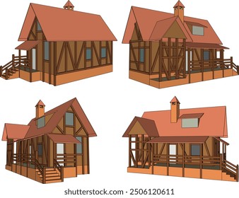 Vector sketch illustration of the silhouette of a wooden house villa design in the countryside